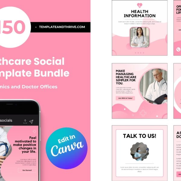 150 Healthcare Canva Templates for Hospitals, Clinics, Doctors & Medical Offices | Editable Social Media Bundle