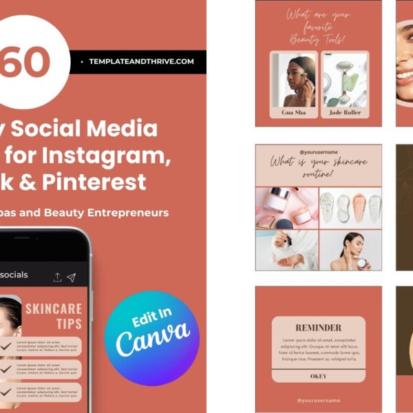 60 Beauty Social Media Templates for Salons, Spas, Estheticians & Makeup Artists (Canva Editable)