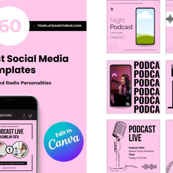 60 Podcast Social Media Canva Templates for Instagram & Facebook (Editable Post Designs)