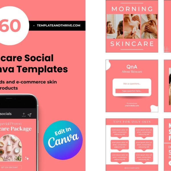 60 Skincare Social Media Canva Templates for Instagram & Facebook (Editable Aesthetic Posts)