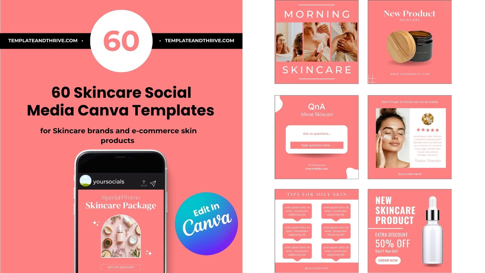 60 Skincare Social Media Canva Templates for Instagram & Facebook (Editable Aesthetic Posts)